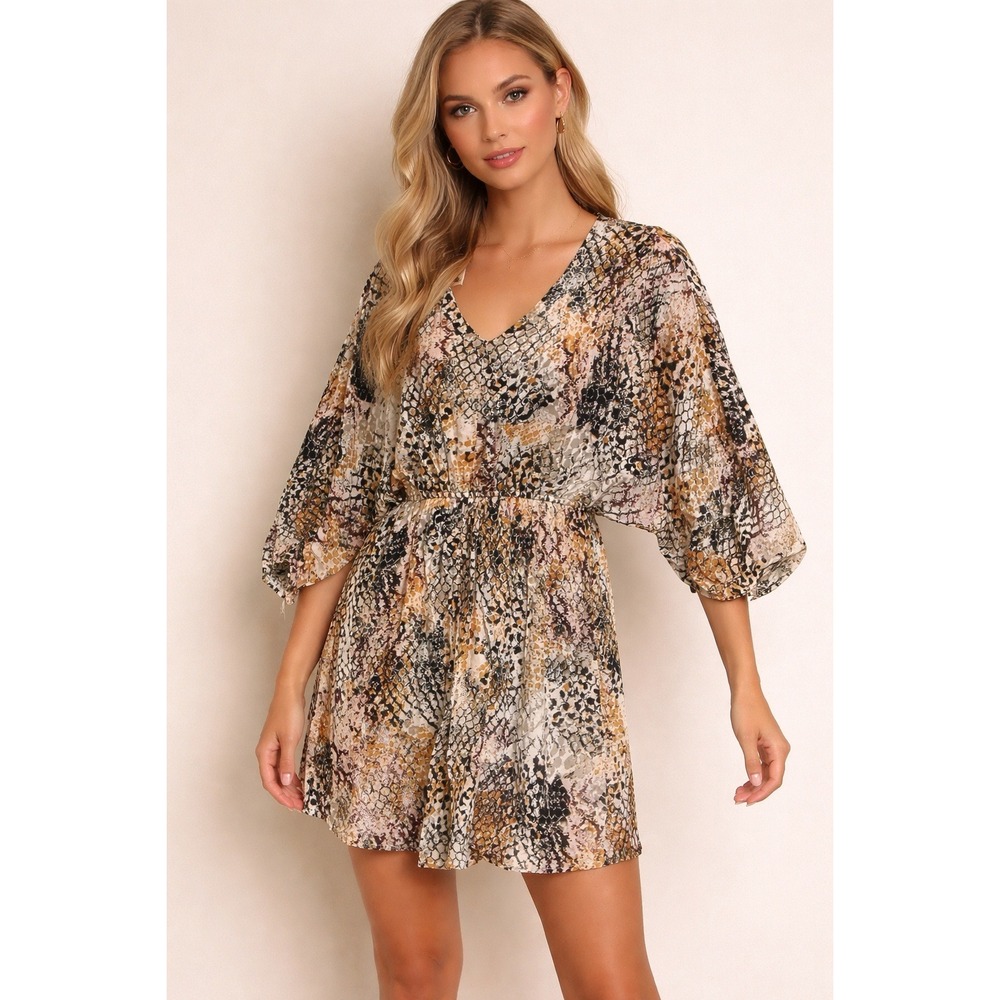 Savanna Jane Snake Print Kimono Sleeve Mini Dress Elastic Waist Boho Chicโ Large